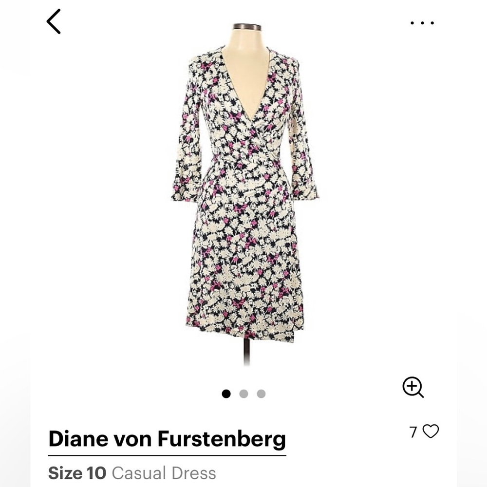 Diane von Furstenberg Cream and Black Floral Wrap Midi with Pink Details